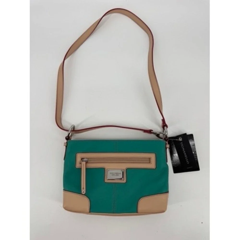 Tignanello Crossbody Bag Women Small Teal Leather Tan Trim New With Tags